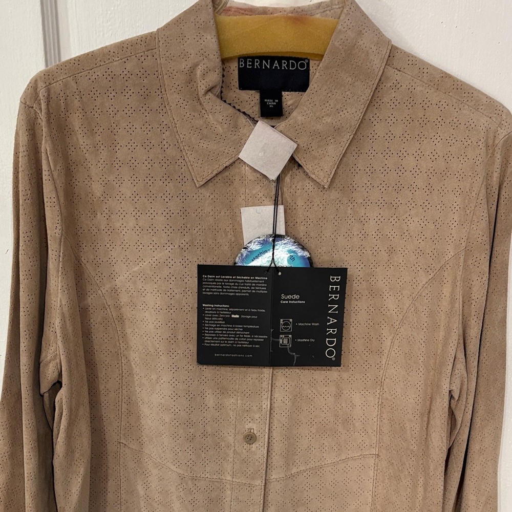 Bernardo Beige Suede Button-Up Shirt - Picture 5 of 13